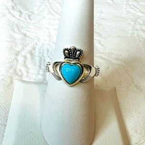 JMH Ireland Sterling Silver Claddagh Heart Turquoise Ring Size 8